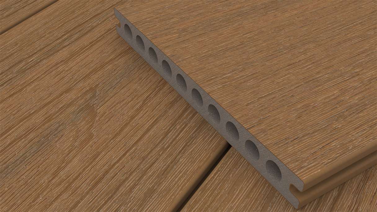 planeo MAXLine Nature - 3m WPC CoEx ummantelte XL Terrassendiele Verbundprofil leicht - Burma Teak strukturiert/glatt gebürstet