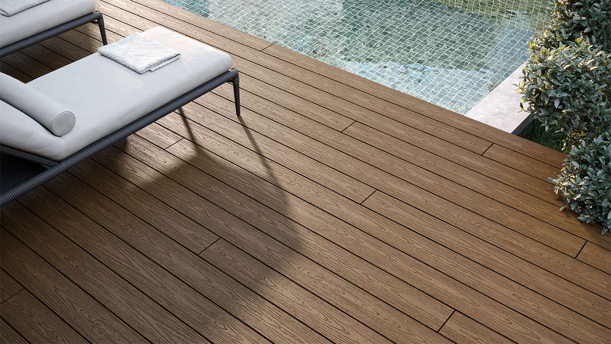 planeo CoEXWood WPC-Terrasse Komplett-Set Massivdiele - Sand/Karamell strukturiert