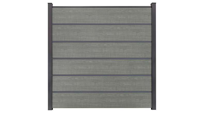 planeo Gardence Simply Premium - PVC-Steckzaun Grey Ash Cut mit Lisenen in Anthrazit 180 x 180 cm