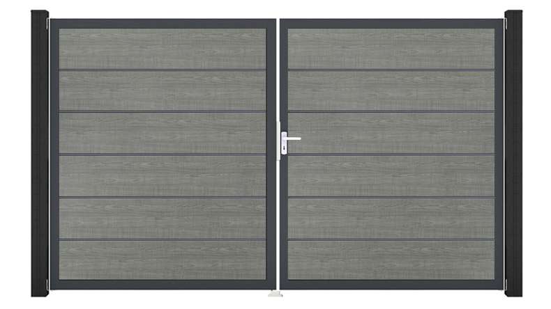 planeo Gardence Simply Premium - PVC-Tor 2-flügelig Grey Ash Cut mit Alurahmen 300 x 180 cm