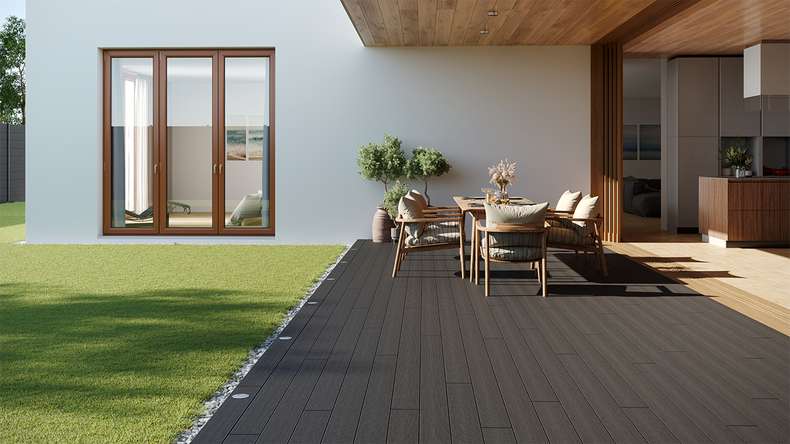 planeo LightWood WPC-Terrasse Komplett-Set Hohlkammerdiele - Dunkelgrau gerillt/genutet