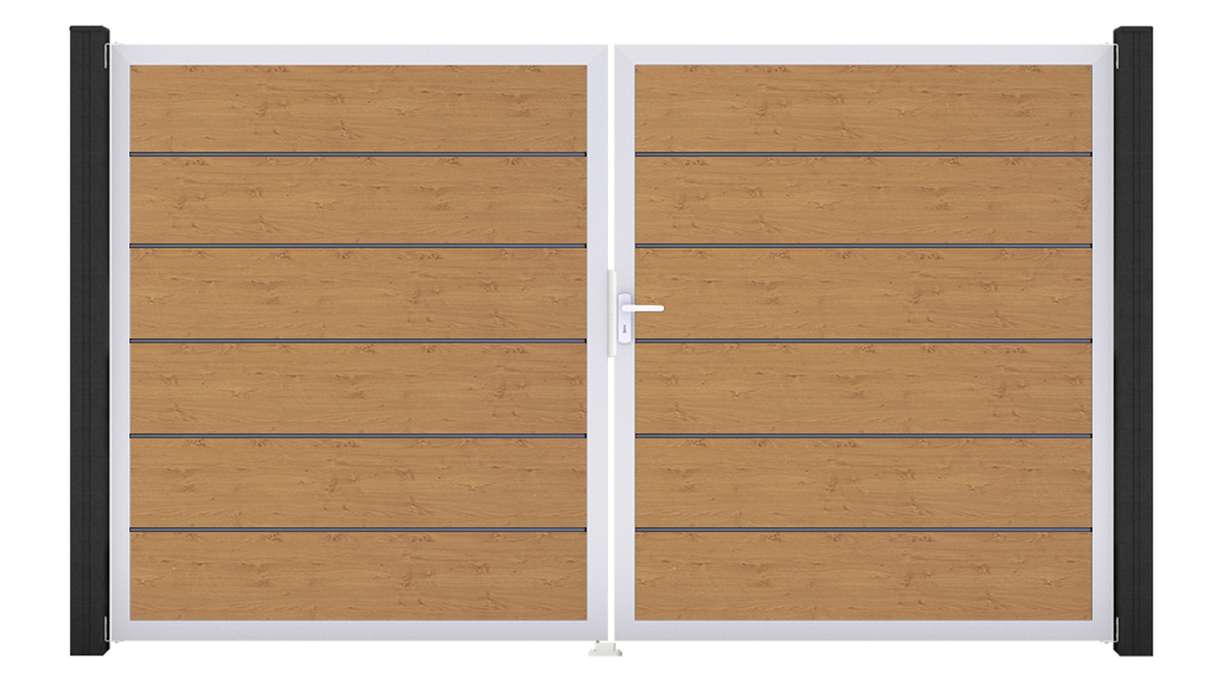 planeo Gardence Simply Premium - PVC-Tor 2-flügelig Asteiche Natur mit Alurahmen 300 x 180 cm