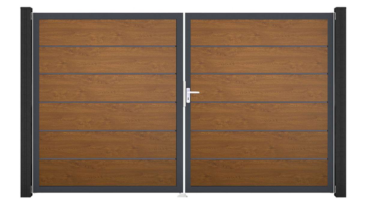 planeo Gardence Simply Premium - PVC-Tor 2-flügelig Golden Oak mit Alurahmen 300 x 180 cm