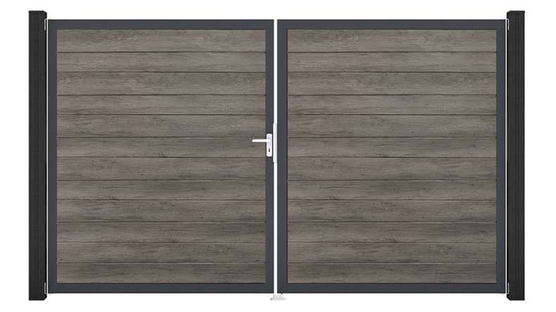 planeo Gardence Simply Small - PVC-Tor 2-flügelig Monument Oak mit Alurahmen 300 x 180 cm