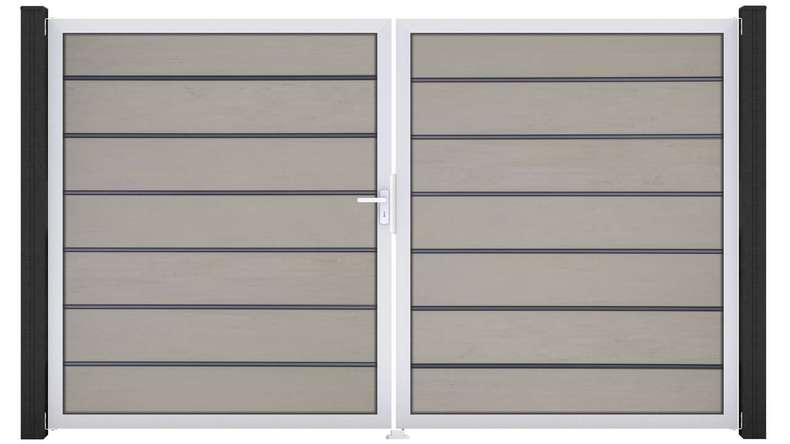 planeo Gardence Deluxe - BPC-Tor - DIN Links 2-flügelig Bi-Color Sand mit Silber-Alurahmen