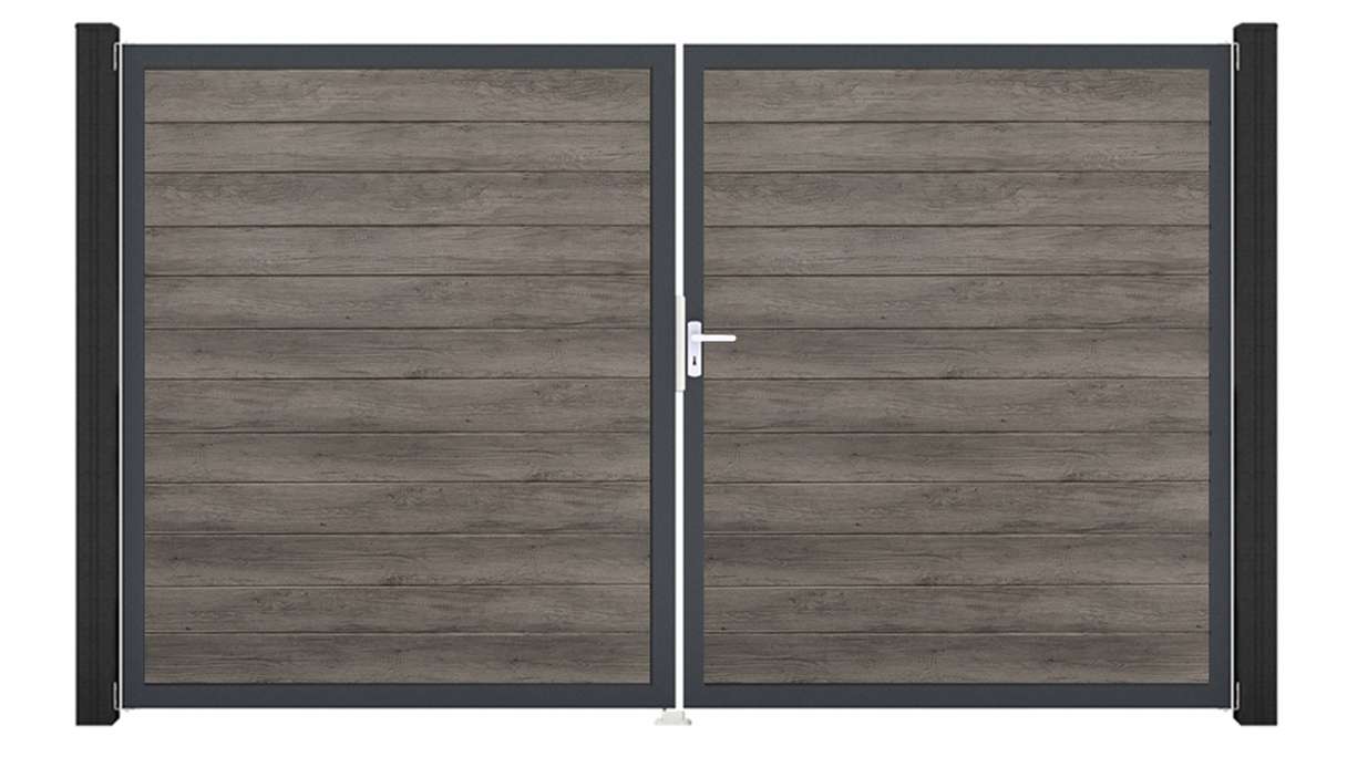 planeo Gardence Simply Small - PVC-Tor 2-flügelig Monument Oak mit Alurahmen 300 x 180 cm