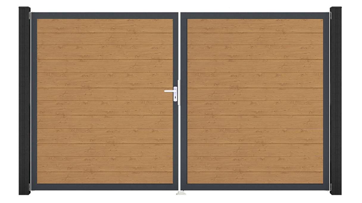 planeo Gardence Simply Small - PVC-Tor 2-flügelig Asteiche Natur mit Alurahmen 300 x 180 cm