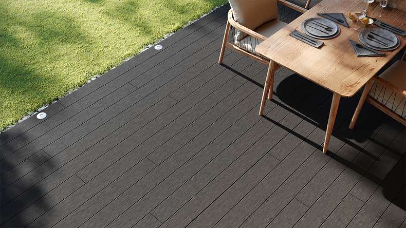 planeo LightWood WPC-Terrasse Komplett-Set Hohlkammerdiele - Dunkelgrau gerillt/genutet