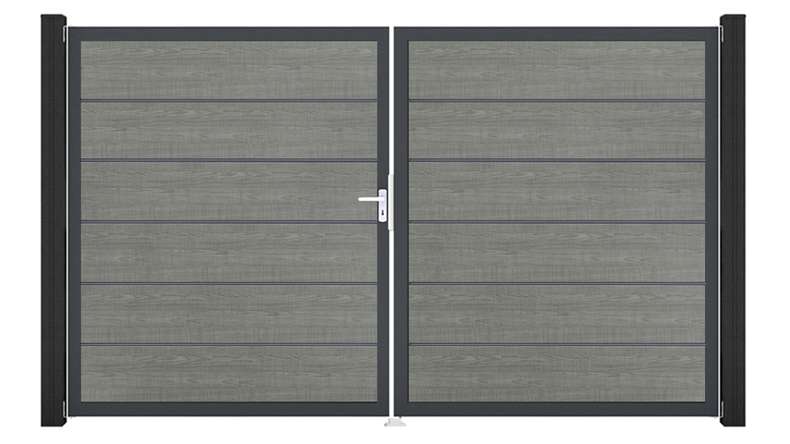 planeo Gardence Simply Premium - PVC-Tor - DIN Rechts 2-flügelig Grey Ash Cut mit Anthrazit-Alurahmen | DB703 300 x 180 cm