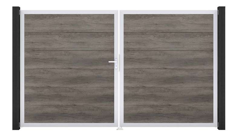 planeo Gardence Simply - PVC-Tor - DIN Links 2-flügelig Monument Oak mit Silber-Alurahmen