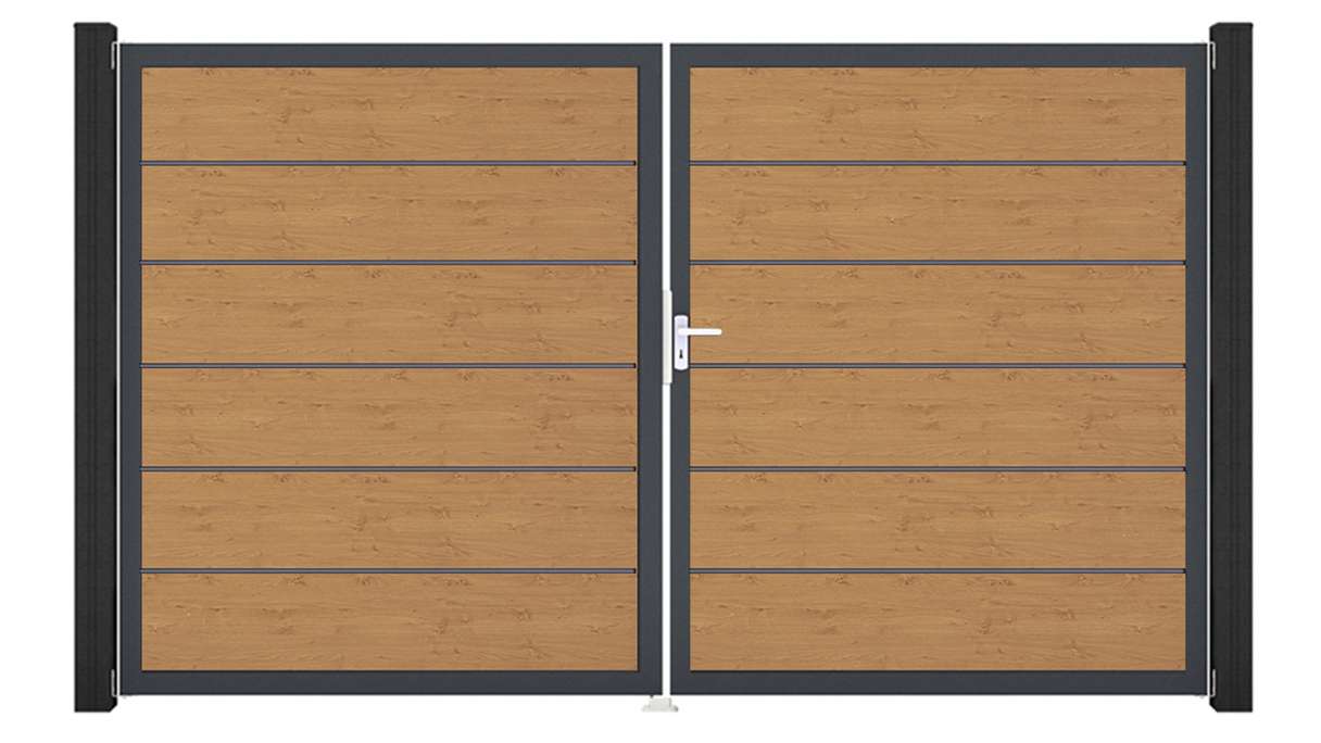 planeo Gardence Simply Premium - PVC-Tor 2-flügelig Asteiche Natur mit Alurahmen 300 x 180 cm