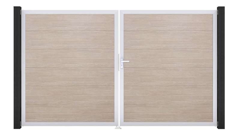 planeo Gardence Simply - PVC-Tor - DIN Rechts 2-flügelig Sheffield Oak mit Silber-Alurahmen