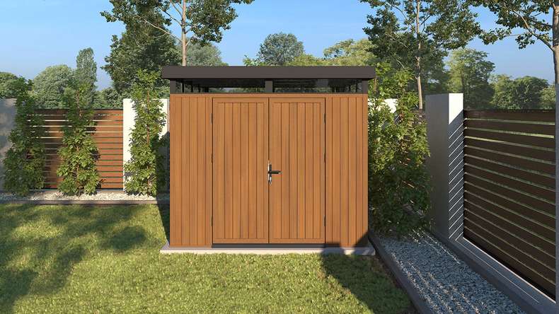 planeo WPC CoEx Flachdach Gartenhaus M - Burma Teak 250 x 250 x 226.5 cm