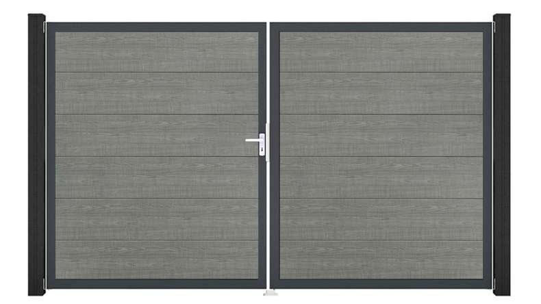 planeo Gardence Simply - PVC-Tor - DIN Links 2-flügelig Grey Ash Cut mit Anthrazit-Alurahmen