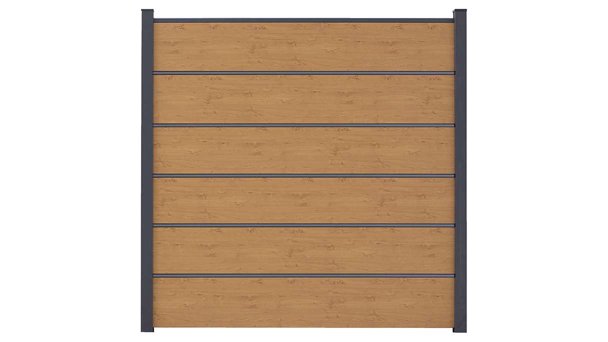 planeo Gardence Simply Premium - PVC-Steckzaun Asteiche Natur mit Lisenen in Anthrazit 180 x 180 cm