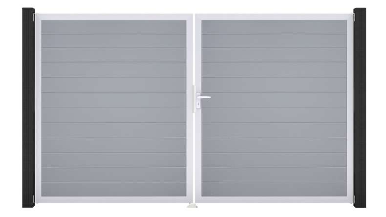 planeo Gardence Simply Small - PVC-Tor - DIN Rechts 2-flügelig Silbergrau mit Silber-Alurahmen | EV1 300 x 180 cm