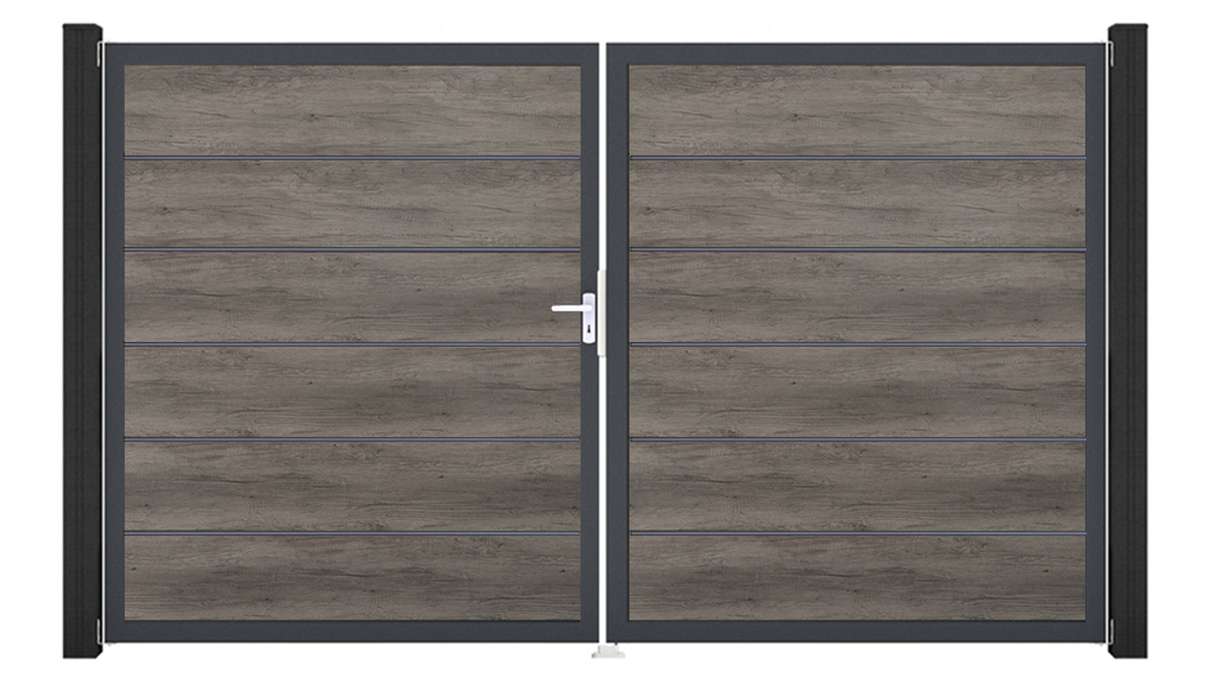planeo Gardence Simply Premium - PVC-Tor 2-flügelig Monument Oak mit Alurahmen 300 x 180 cm