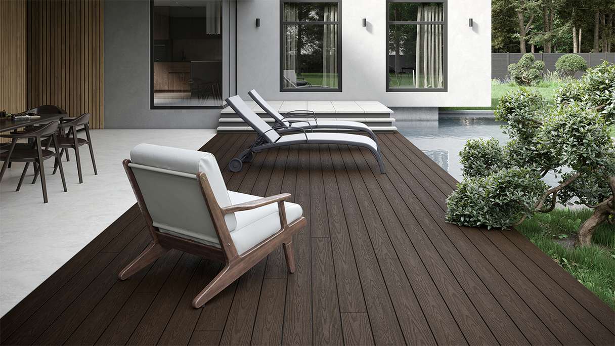 planeo CoEXWood WPC Terrassendiele Massiv ummantelt - Hellbraun/Dunkelbraun 3m strukturiert