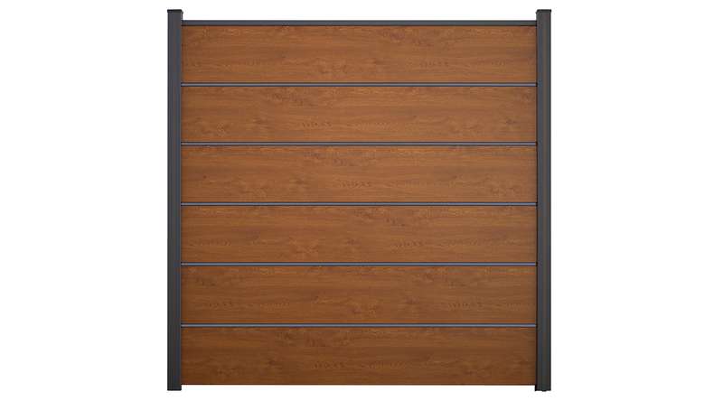 planeo Gardence Simply Premium - PVC-Steckzaun Golden Oak mit Lisenen in Anthrazit 180 x 180 cm