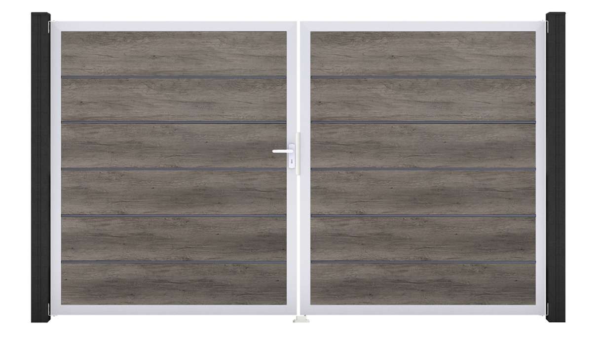 planeo Gardence Simply Premium - PVC-Tor 2-flügelig Monument Oak mit Alurahmen 300 x 180 cm