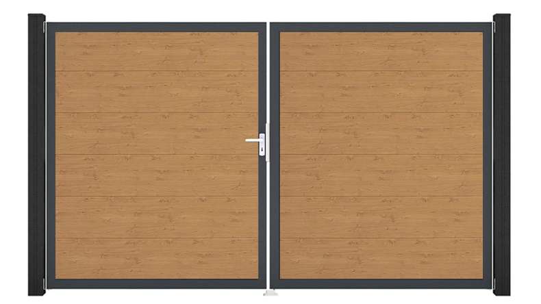 planeo Gardence Simply - PVC-Tor - DIN Links 2-flügelig Asteiche Natur mit Anthrazit-Alurahmen