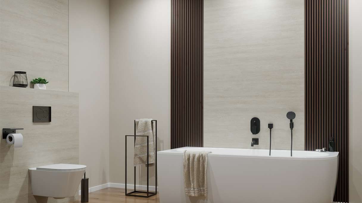 planeo Wandverkleidung SPC - CeraRock Tile Stripes Light Travertine 120 x 60 cm