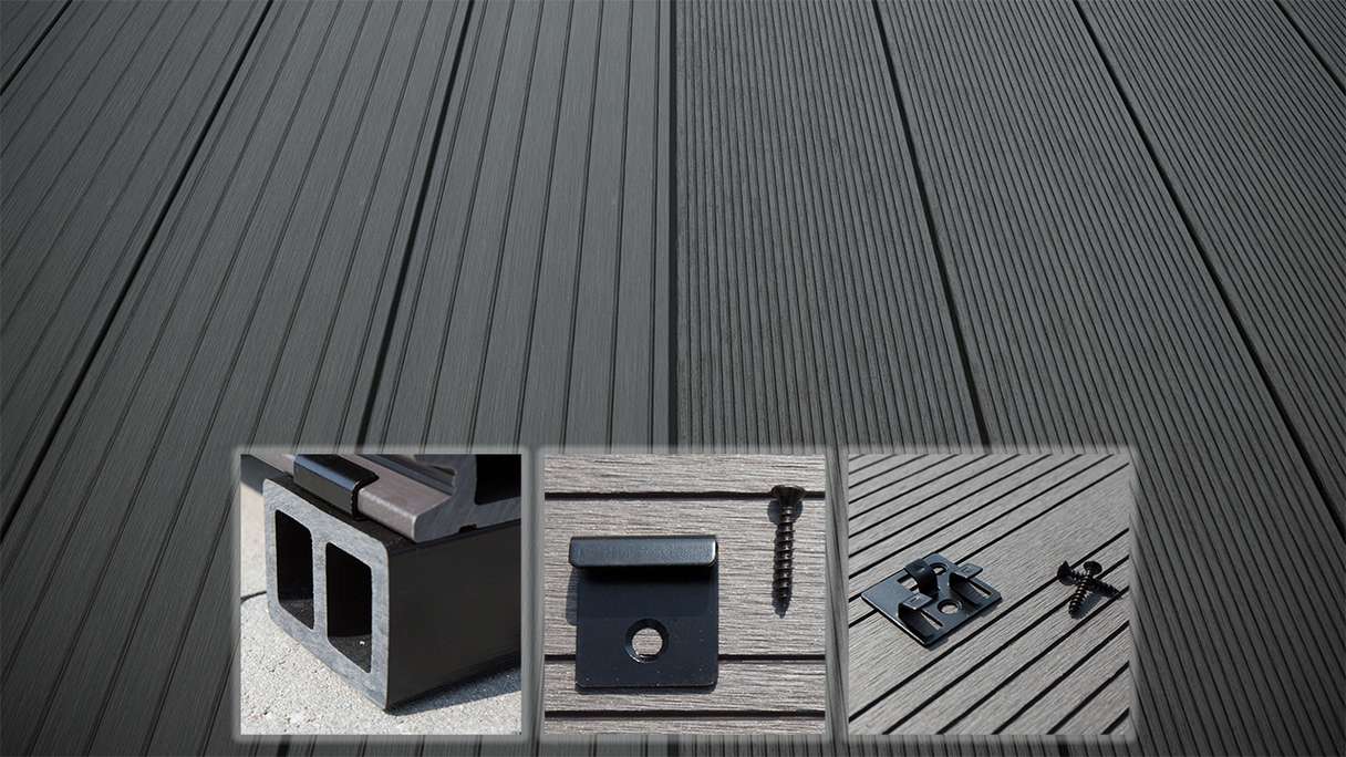planeo LightWood WPC-Terrasse Komplett-Set Hohlkammerdiele - Dunkelgrau gerillt/genutet