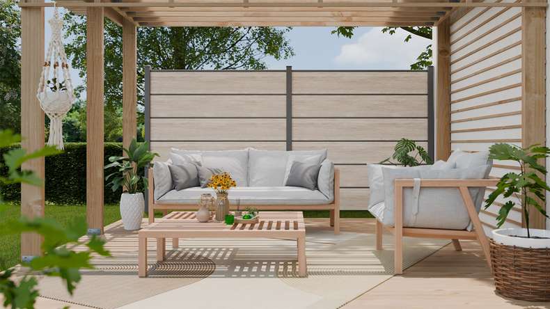 planeo Gardence Simply Premium - PVC-Steckzaun Sheffield Oak light mit Lisenen in Anthrazit 180 x 180 cm