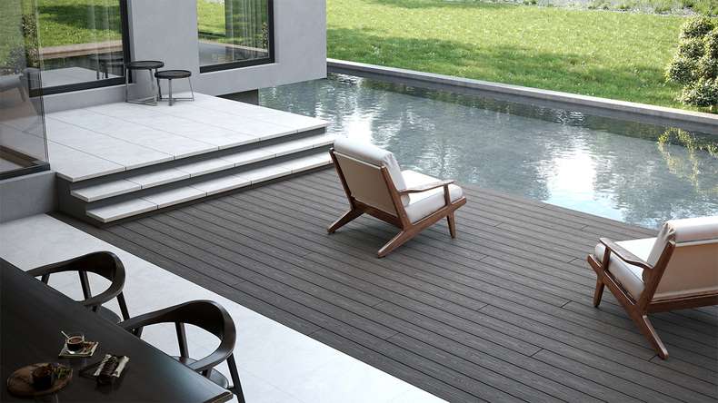 planeo CoEXWood WPC-Terrasse Komplett-Set Massivdiele 4.2m (50.63m²) - Grau/Zement strukturiert