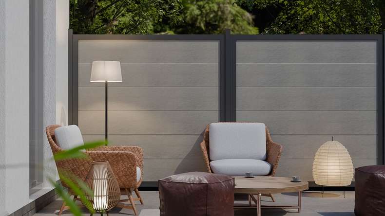 planeo Gardence Guard - BPC-Gartenzaun Quadratisch Bi-Color Sand mit Alu-Rahmen in Anthrazit