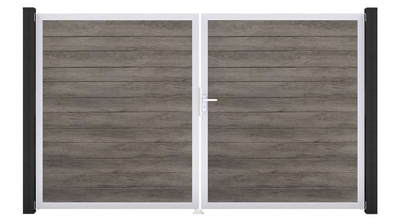 planeo Gardence Simply Small - PVC-Tor - DIN Rechts 2-flügelig Monument Oak mit Silber-Alurahmen | EV1 300 x 180 cm