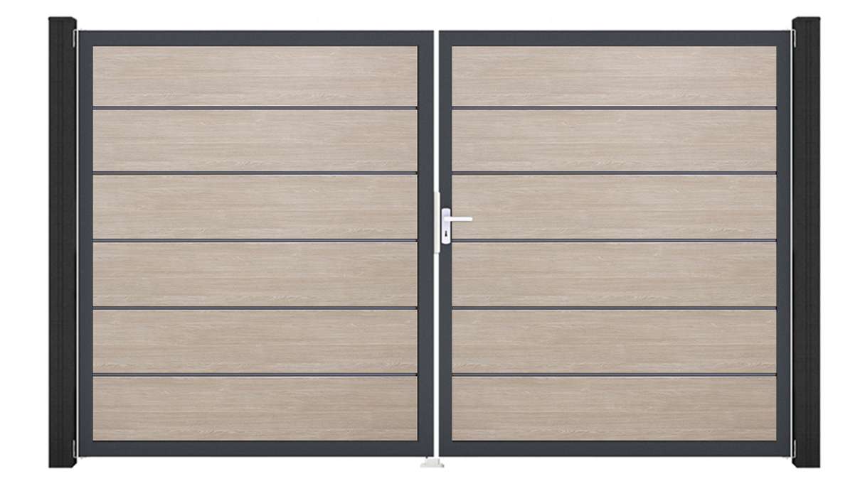 planeo Gardence Simply Premium - PVC-Tor 2-flügelig Sheffield Oak mit Alurahmen 300 x 180 cm