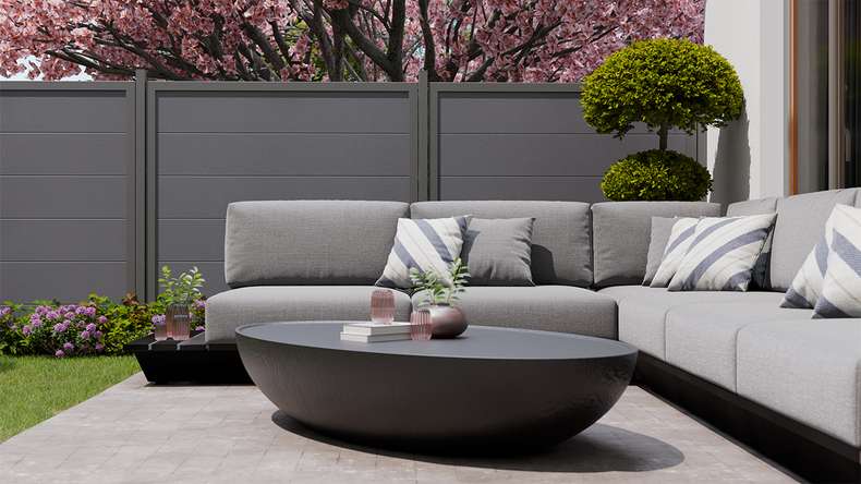 planeo Gardence Simply Guard - PVC-Gartenzaun Anthrazitgrau mit Alu-Rahmen in Anthrazit 180 x 180 cm