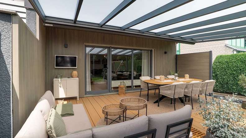 planeo MAXLine Nature - 3m WPC CoEx ummantelte XL Terrassendiele Verbundprofil leicht - Sand strukturiert/glatt gebürstet