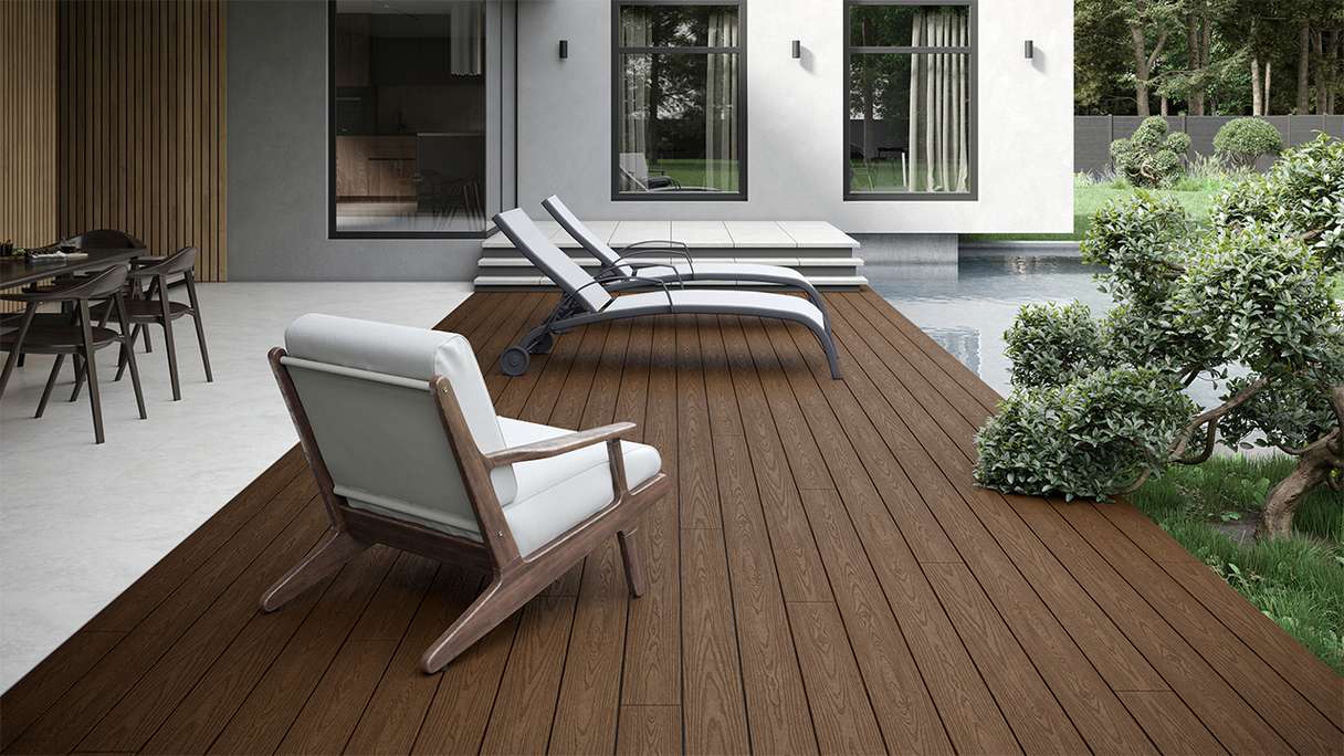planeo CoEXWood WPC Terrassendiele Massiv ummantelt - Hellbraun/Dunkelbraun 3m strukturiert