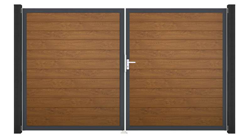 planeo Gardence Simply Small - PVC-Tor 2-flügelig Golden Oak mit Alurahmen 300 x 180 cm
