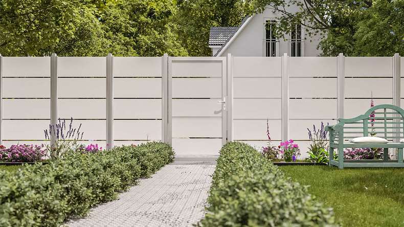 planeo Gardence Flair - Glas-Sichtschutz Tor DIN links Blockstreifen mit Alurahmen 100 x 180 cm