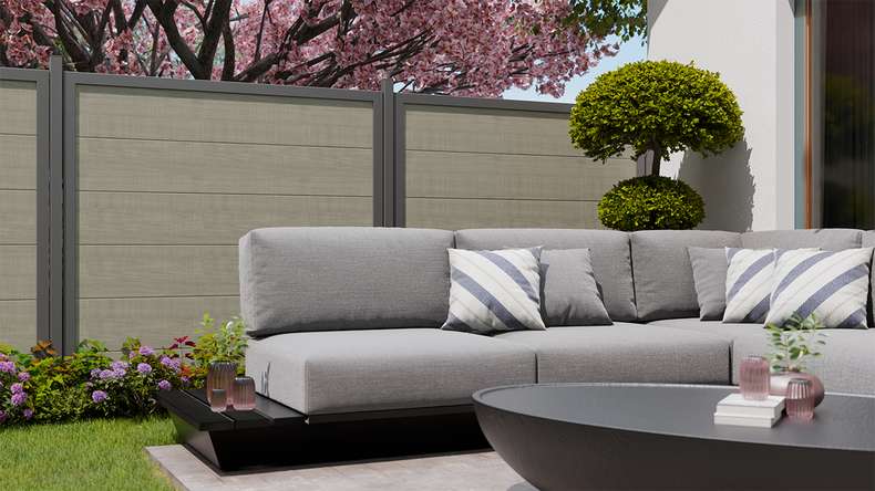 planeo Gardence Simply Guard - PVC-Gartenzaun Grey Ash Cut mit Alu-Rahmen in Anthrazit 180 x 180 cm