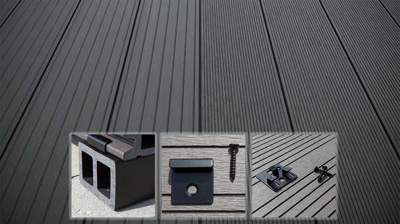 planeo LightWood WPC-Terrasse Komplett-Set Hohlkammerdiele - Dunkelgrau gerillt/genutet