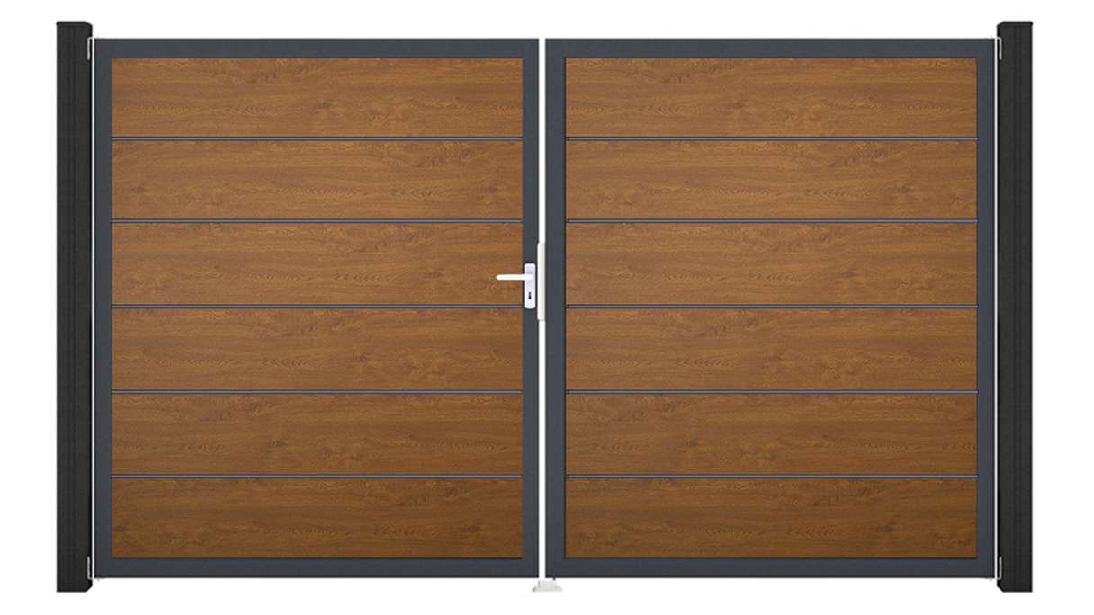 planeo Gardence Simply Premium - PVC-Tor 2-flügelig Golden Oak mit Alurahmen 300 x 180 cm