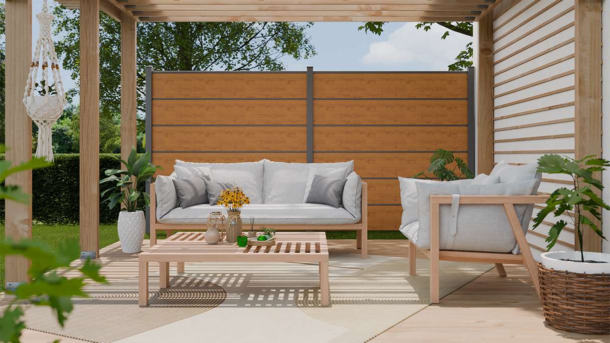 planeo Gardence Simply Premium - PVC-Steckzaun Asteiche Natur mit Lisenen in Anthrazit 180 x 180 cm