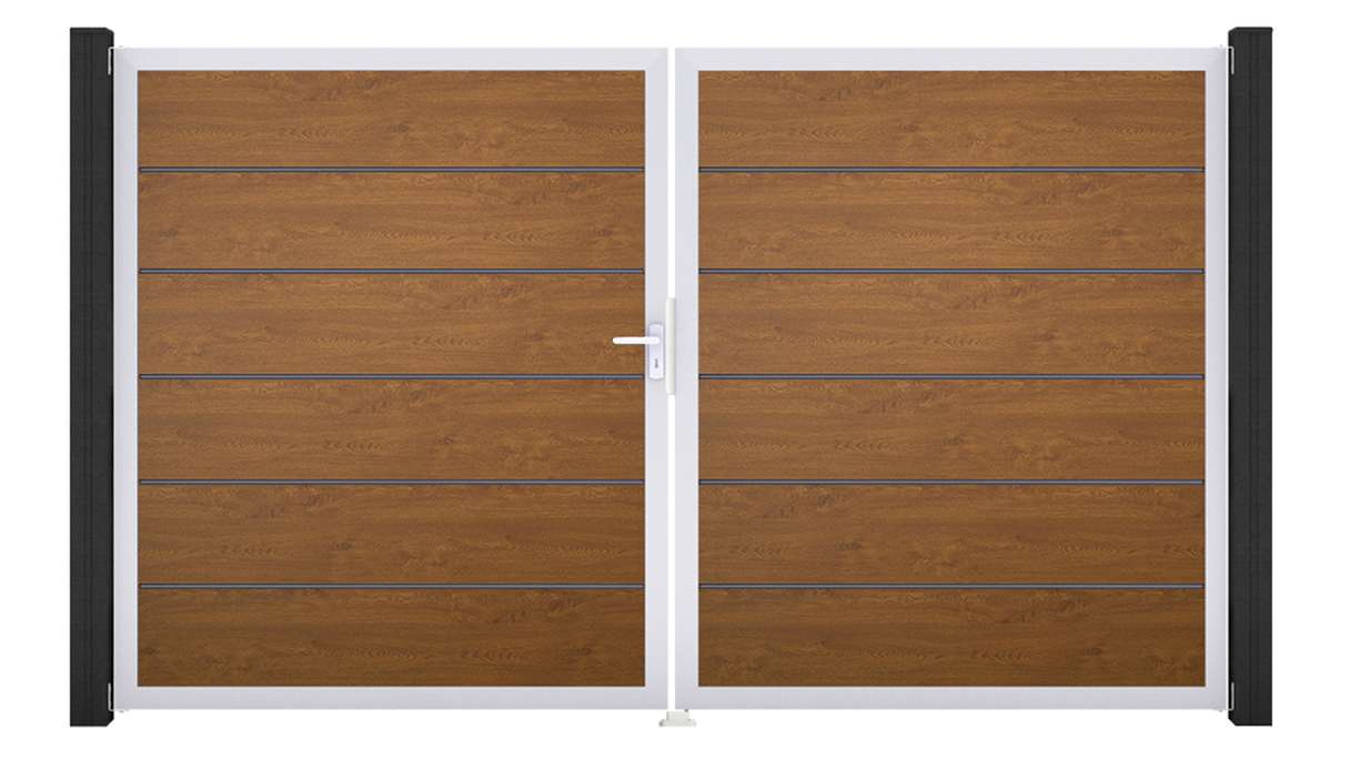 planeo Gardence Simply Premium - PVC-Tor 2-flügelig Golden Oak mit Alurahmen 300 x 180 cm
