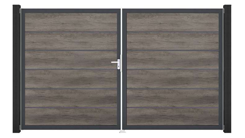 planeo Gardence Simply Premium - PVC-Tor 2-flügelig Monument Oak mit Alurahmen 300 x 180 cm