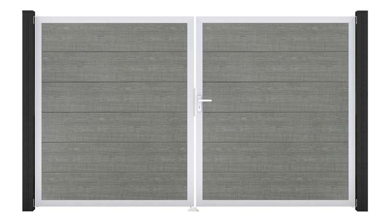 planeo Gardence Simply - PVC-Tor - DIN Rechts 2-flügelig Grey Ash Cut mit Silber-Alurahmen