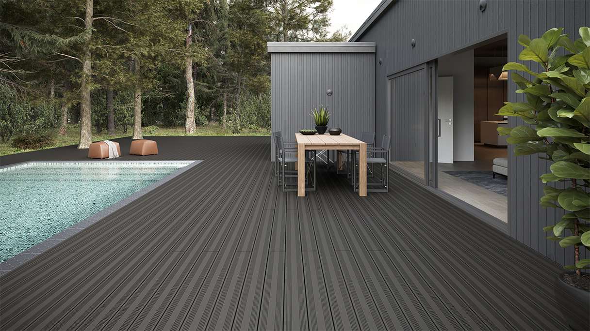 planeo SolidWood WPC-Terrasse Komplett-Set Massivdiele - Dunkelgrau französisch/strukturiert