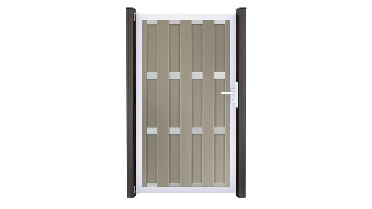 planeo Gardence Premade - BPC-Tor DIN Links Bi-Color Sand 100 x 180 x 4cm - Rahmen Silber
