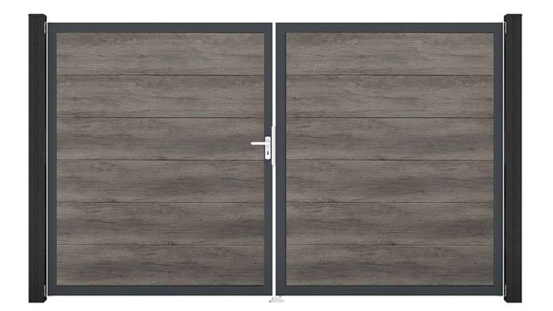 planeo Gardence Simply - PVC-Tor - DIN Links 2-flügelig Monument Oak mit Anthrazit-Alurahmen