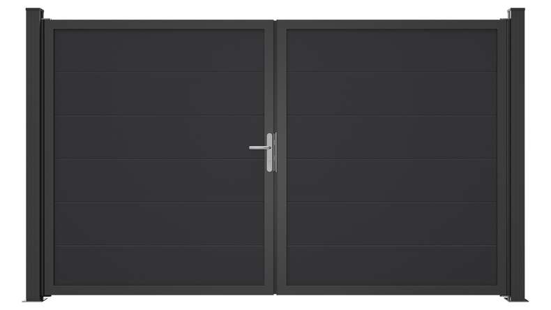 planeo Gardence Simply Guard - PVC-Tor - DIN Links 2-flügelig Anthrazitgrau mit Anthrazit-Alurahmen | DB703 300 x 180 cm