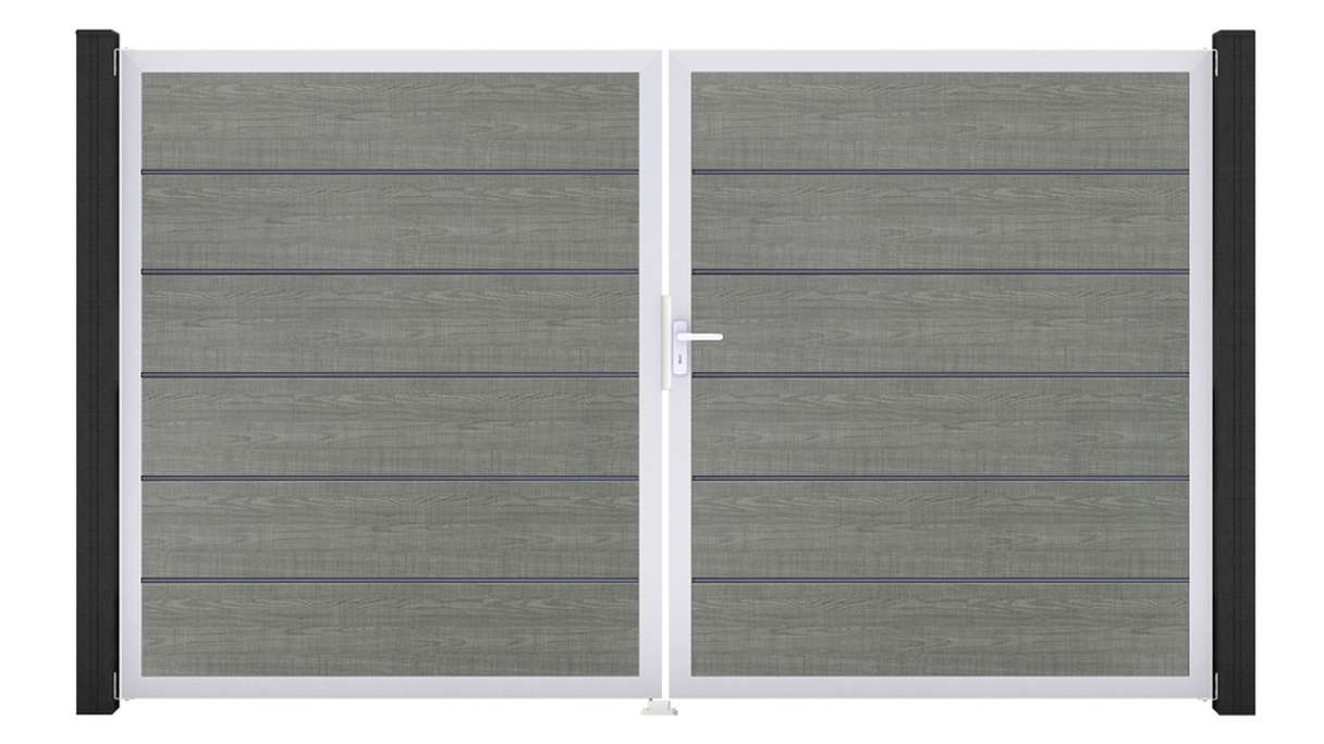 planeo Gardence Simply Premium - PVC-Tor 2-flügelig Grey Ash Cut mit Alurahmen 300 x 180 cm