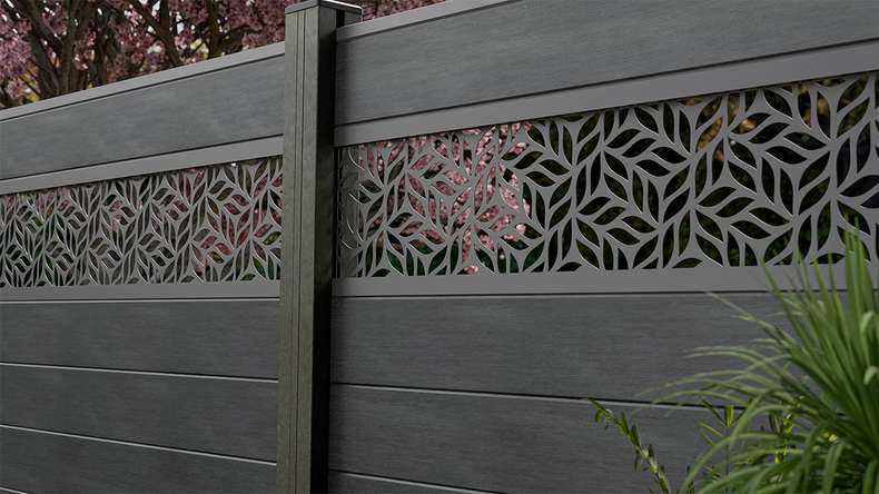 planeo Gardence Strong - BPC-Steckzaun Leafs Steingrau co-ex 180 x 180 cm